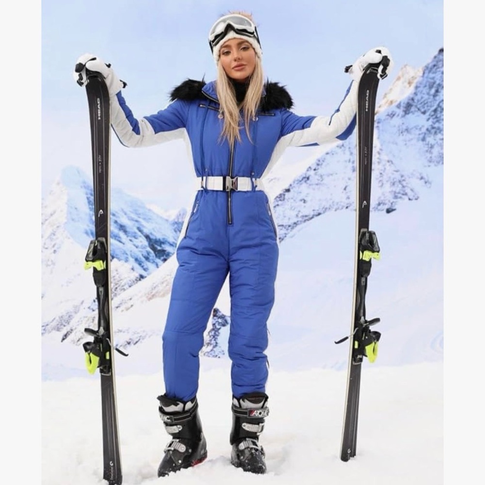 Snow Suit Winter Jumper  Blue and White Onesie Removable Faux Fur Collar Large